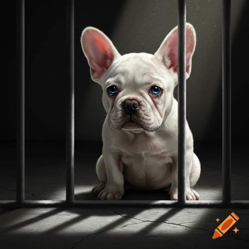 A sad, white French bulldog with blue eyes sits behind metal bars in a dark jail cell.