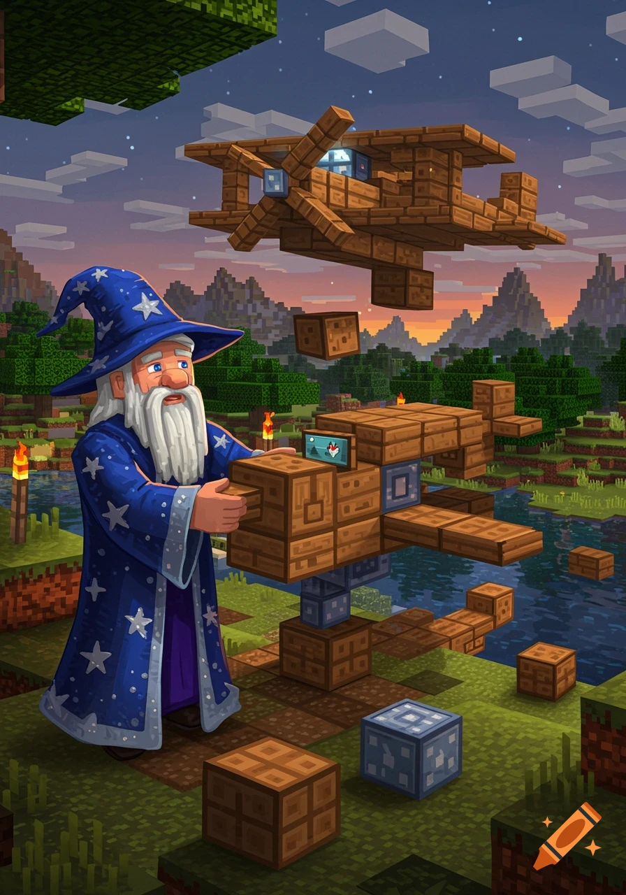 A Minecraft-style wizard in a blue robe building a wooden airplane in a blocky landscape with a sunset.