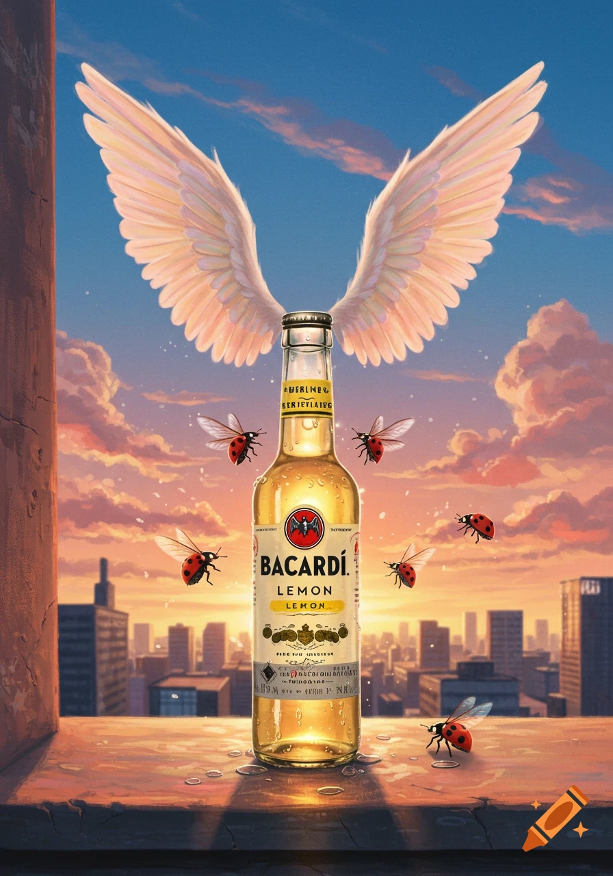 A Bacardi Lemon bottle with white angel wings on top, surrounded by five flying ladybugs, set against a sunset cityscape from a window ledge. The sky is bright blue and orange with clouds.