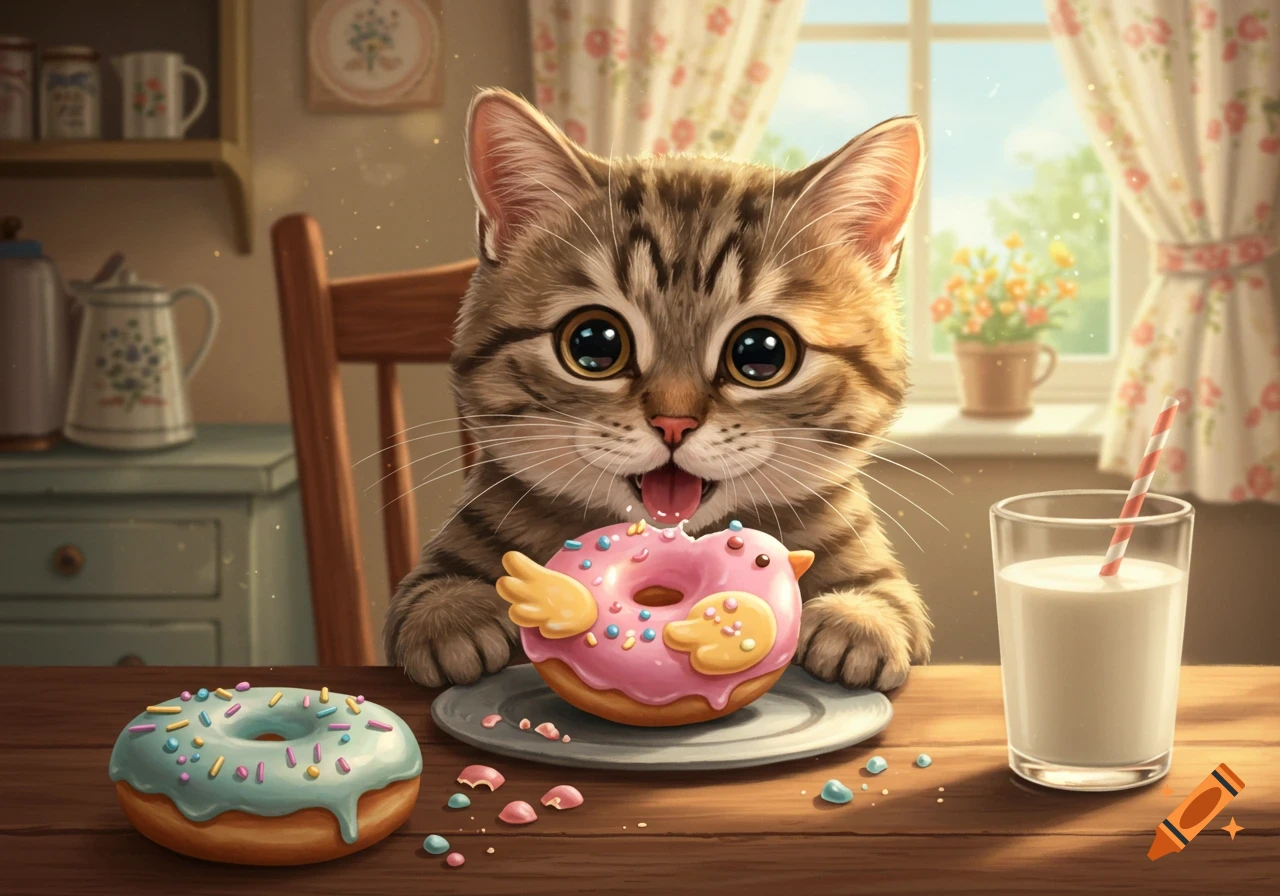 A cute tabby cat with big eyes looking at a pink bird-shaped donut on a table with another donut and a glass of milk in a sunny kitchen.