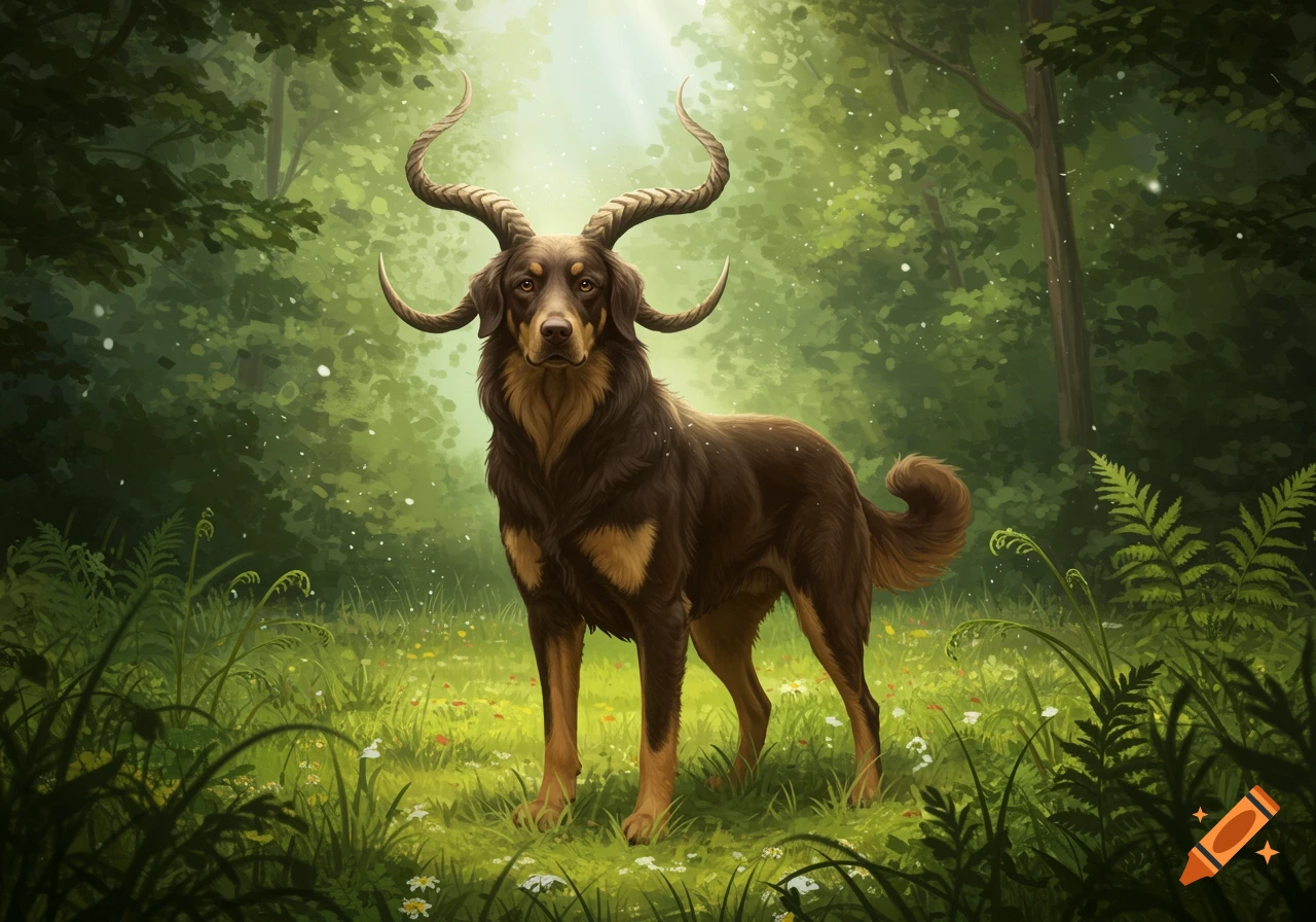A brown dog with large, braided horns stands in a sunlit green forest with wildflowers.