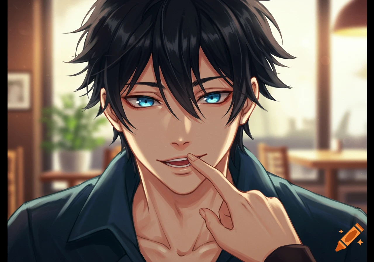 Anime male character with black hair and blue eyes smiling as a finger pulls his lower lip. Digital art.