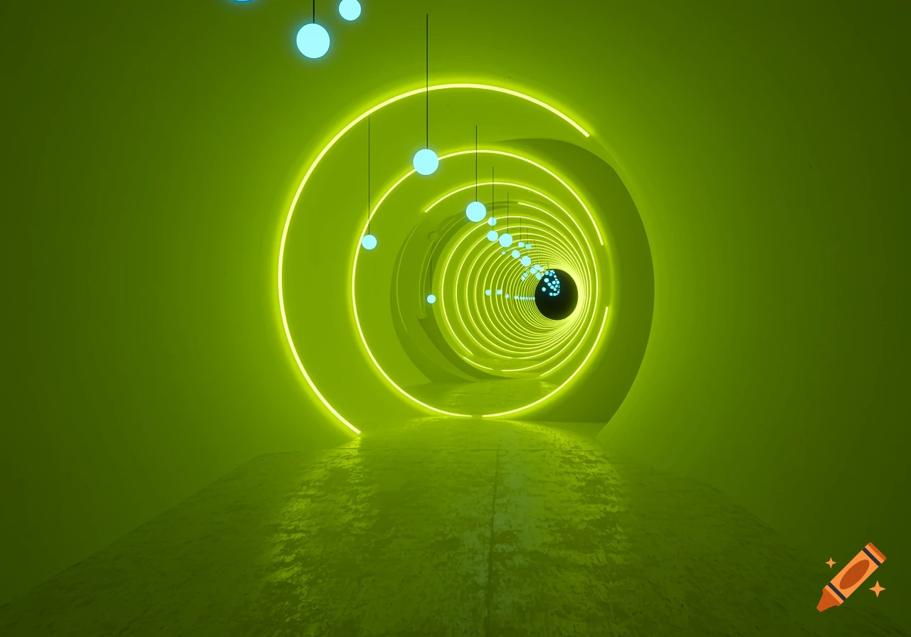 A lime green tunnel with concentric neon yellow glowing rings and suspended blue glowing spheres, leading into the distance with a reflective floor.