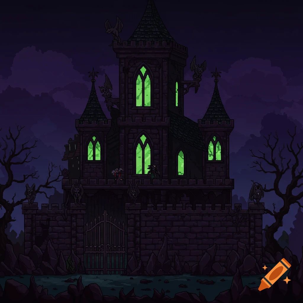 A pixel art 2D side view of a dark gothic castle with glowing green windows, set against a dark purple night sky.
