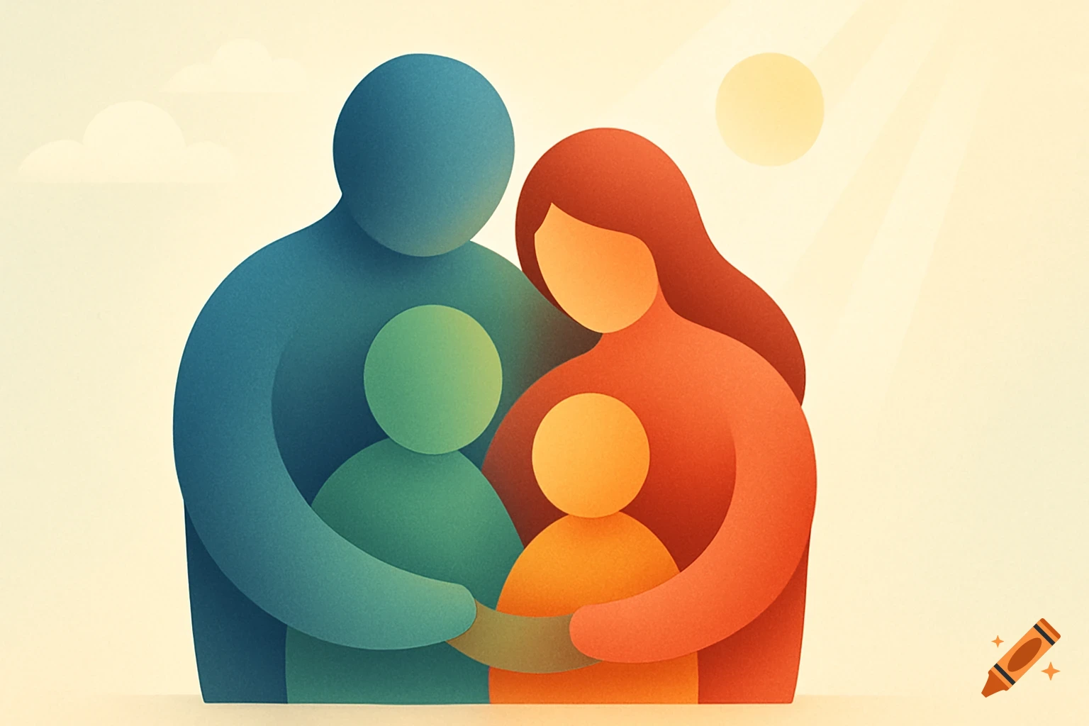 Stylized illustration of a four-person family embracing, rendered in abstract shapes and colors under a sun.