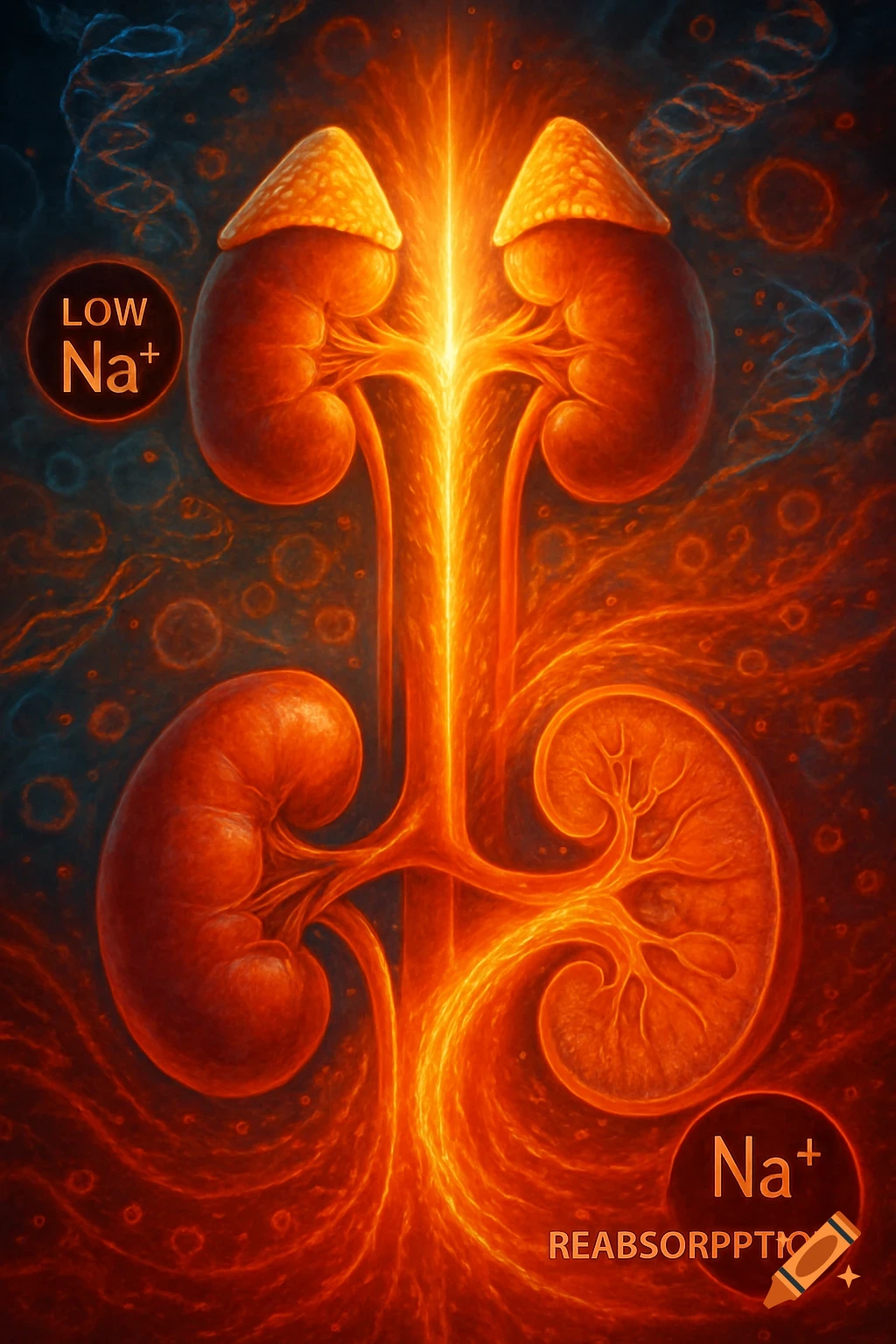 Stylized illustration of human kidneys and adrenal glands glowing in orange, with text bubbles 'LOW Na+' and 'Na+ REABSORPPPTION'.