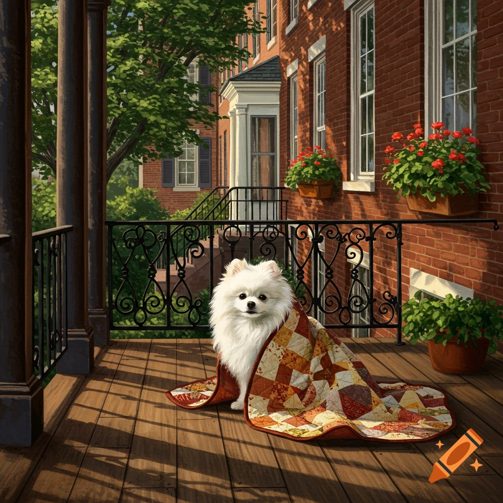 A white Pomeranian dog wrapped in a patchwork quilt sits on a wooden porch in front of brick buildings and green trees.