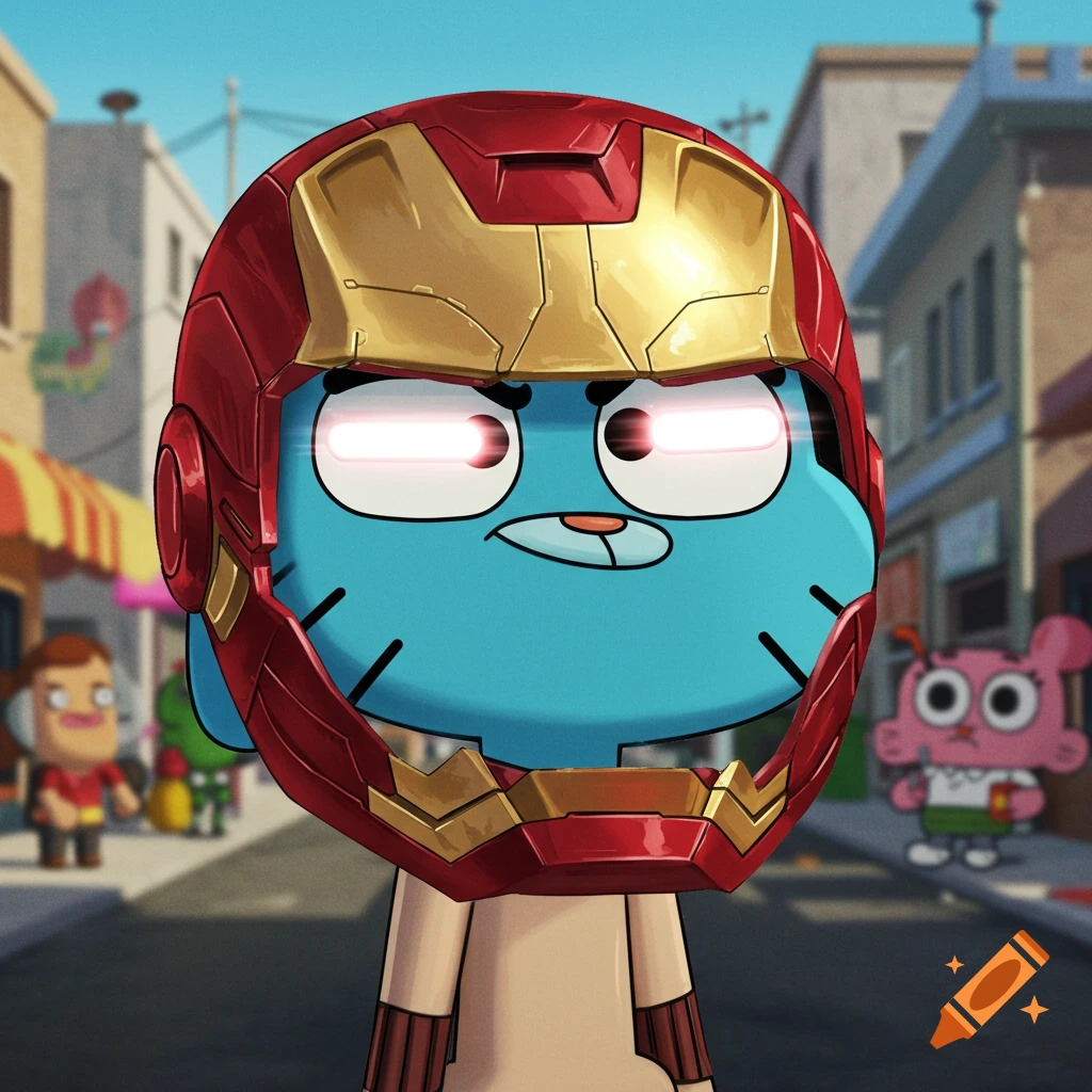 Gumball Watterson wearing an Iron Man helmet with glowing eyes in a cartoon style.