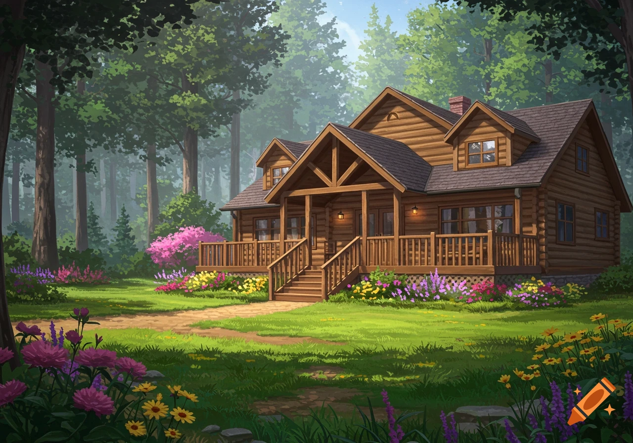 A charming log cabin in a lush forest clearing, surrounded by green grass and colorful blooming flowers.
