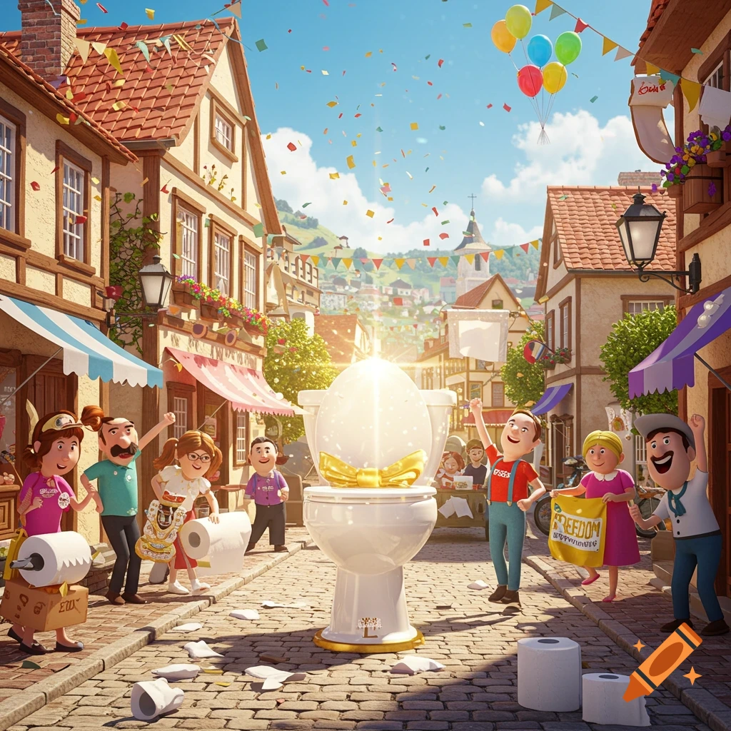 Cartoon townspeople celebrate around a glowing golden toilet in a cobblestone street, with confetti, balloons, and toilet paper scattered around.