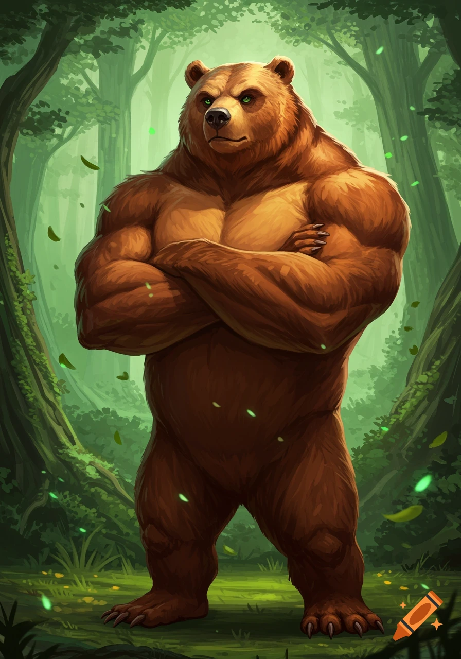 A muscular brown anthropomorphic bear with green eyes stands with crossed arms in a lush green forest, digital art.