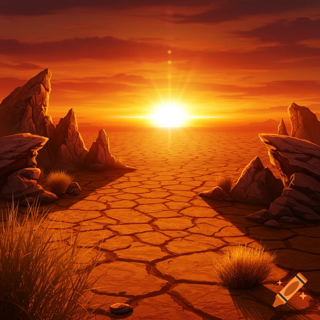 A vibrant, stylized image of a cracked desert landscape under a scorching orange and red sky with a bright setting sun.
