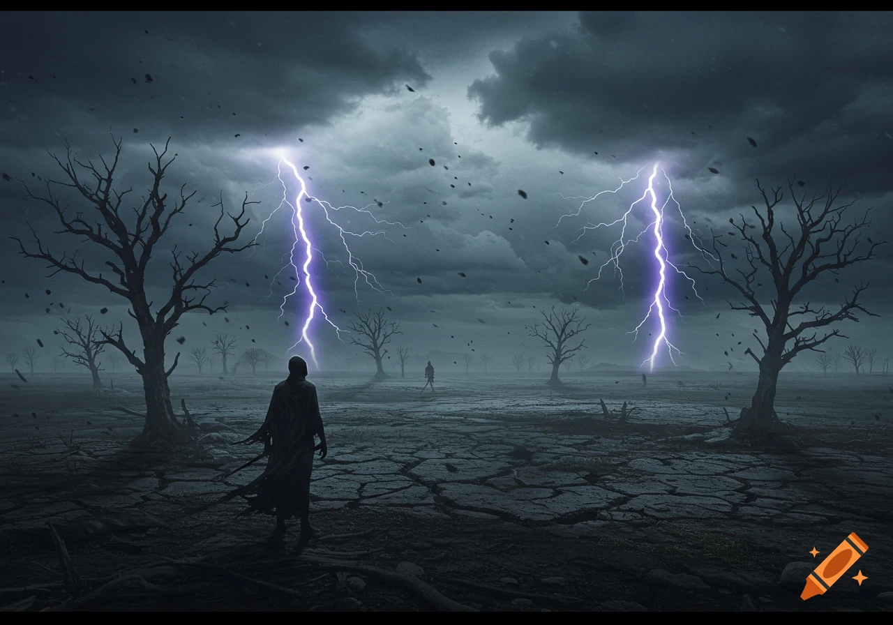 Two cloaked figures stand in a cracked, barren landscape under a stormy sky with lightning striking among dead trees.
