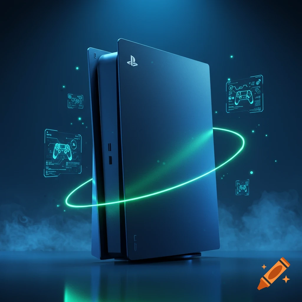 A dark blue PlayStation 5 console stands upright, surrounded by a glowing green line and holographic blue UI elements against a dark, smokey background.