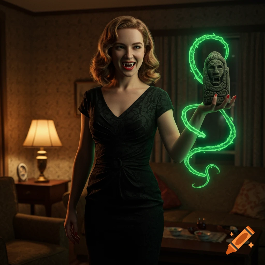 A woman with vampire fangs and an evil smile, wearing a black dress in a 1950s room, holds a stone idol with green magic.