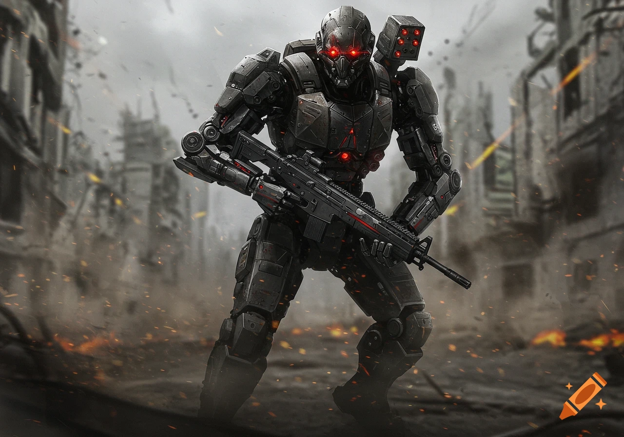 Dark armored war robot with red glowing eyes holds a rifle in a ruined, smoky city with debris and fire.