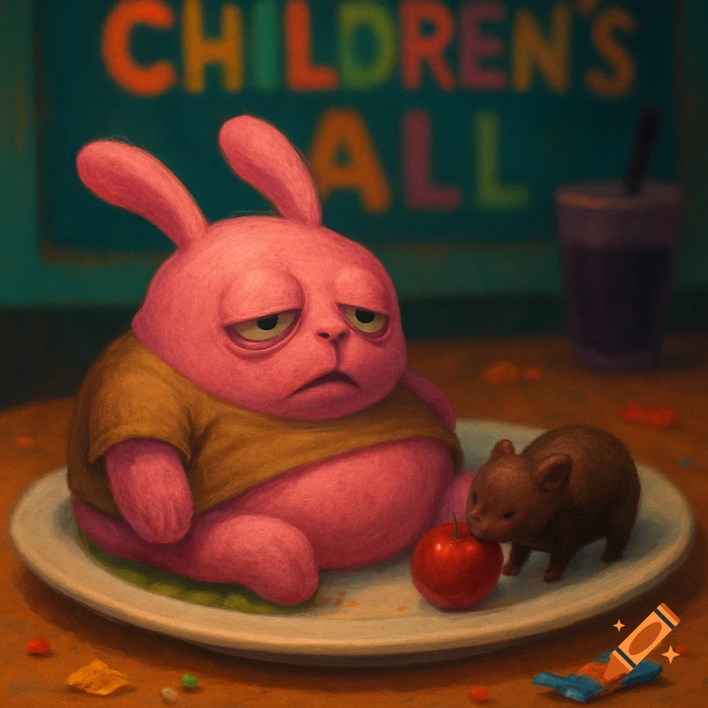 A large, sad pink rabbit on a plate with a small brown animal nibbling an apple, in front of a blurry sign reading "CHILDREN'S ALL."