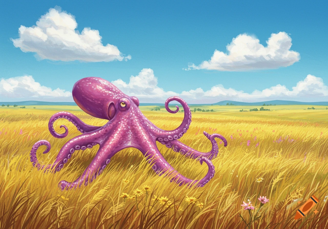 A vibrant purple octopus "walking" through a golden prairie under a blue sky with white clouds, illustrated in a whimsical style.