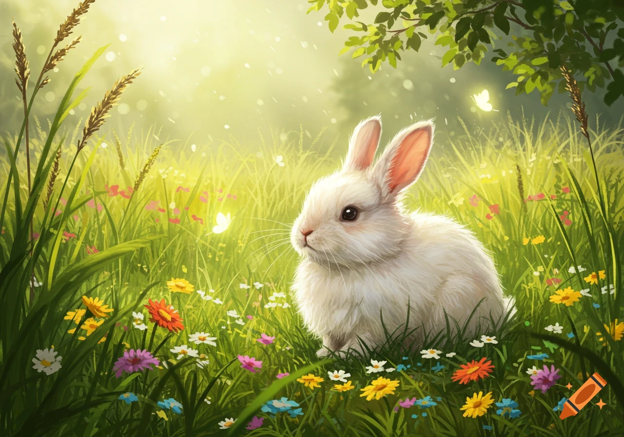 A white bunny sits in a lush field of colorful wildflowers and tall green grass under a bright, sunny sky.