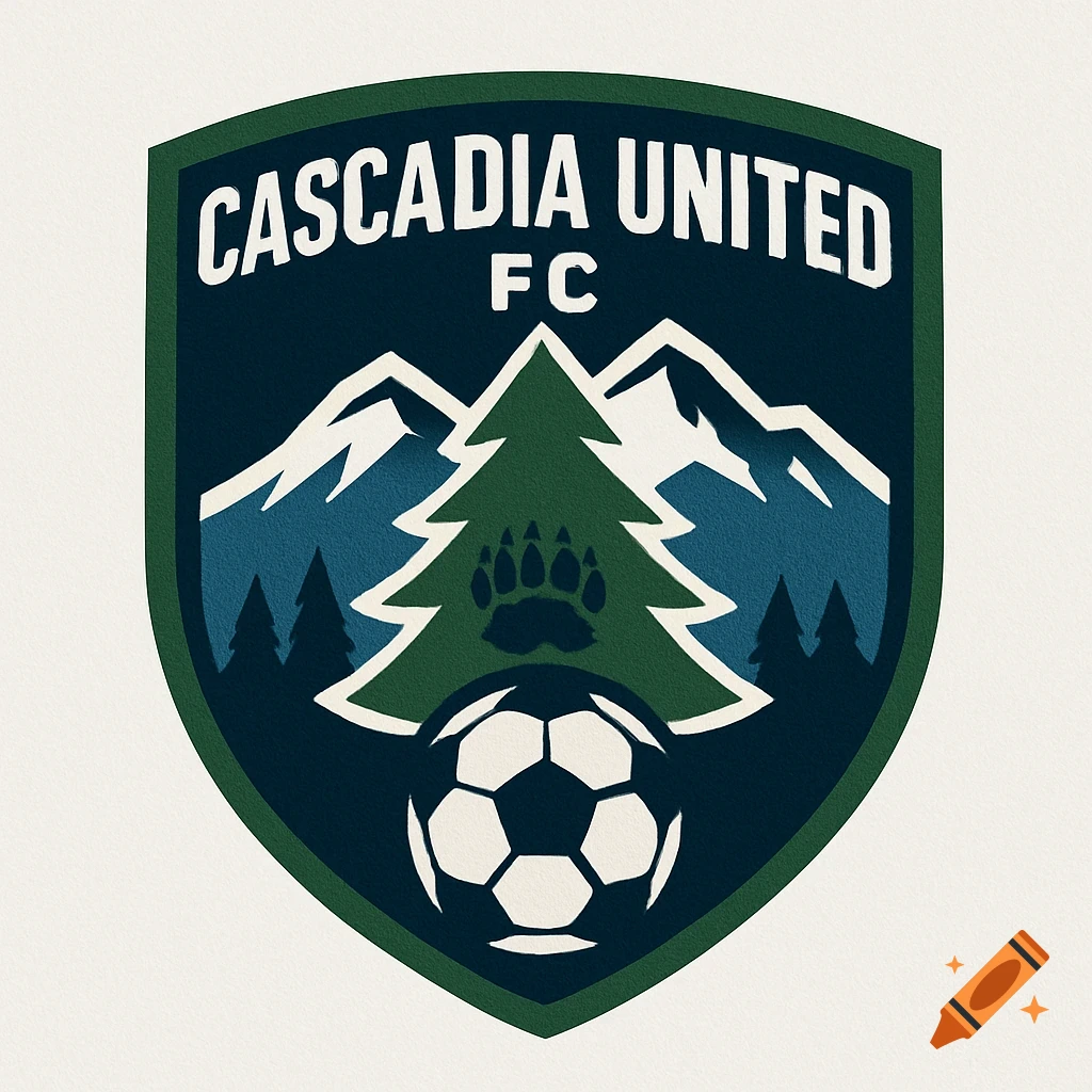 A modern shield logo for Cascadia United FC featuring a green evergreen tree, blue mountains, a bear paw, and a soccer ball.