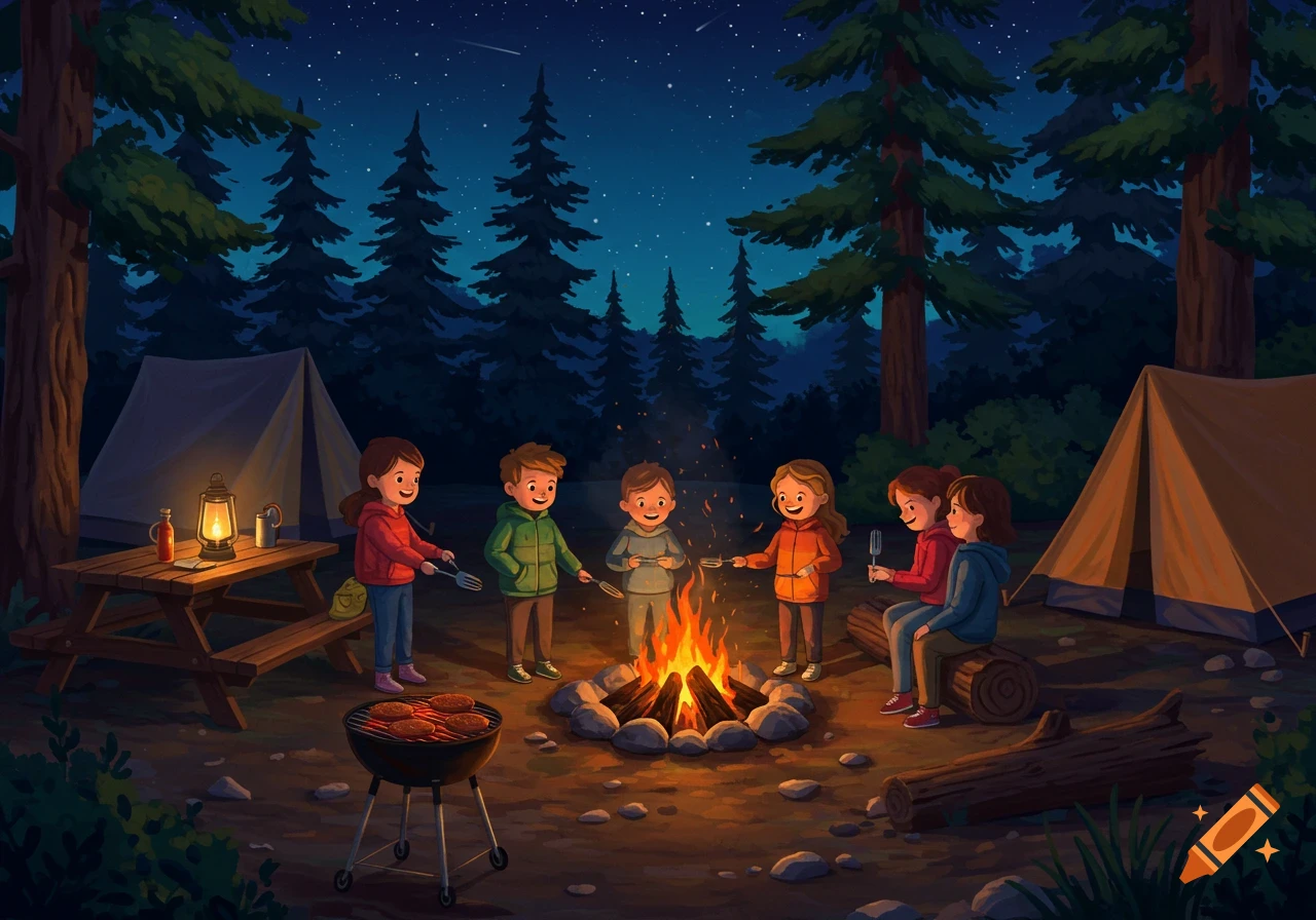 A group of smiling kids camping in a forest at night, gathered around a bonfire with tents and a BBQ grill.