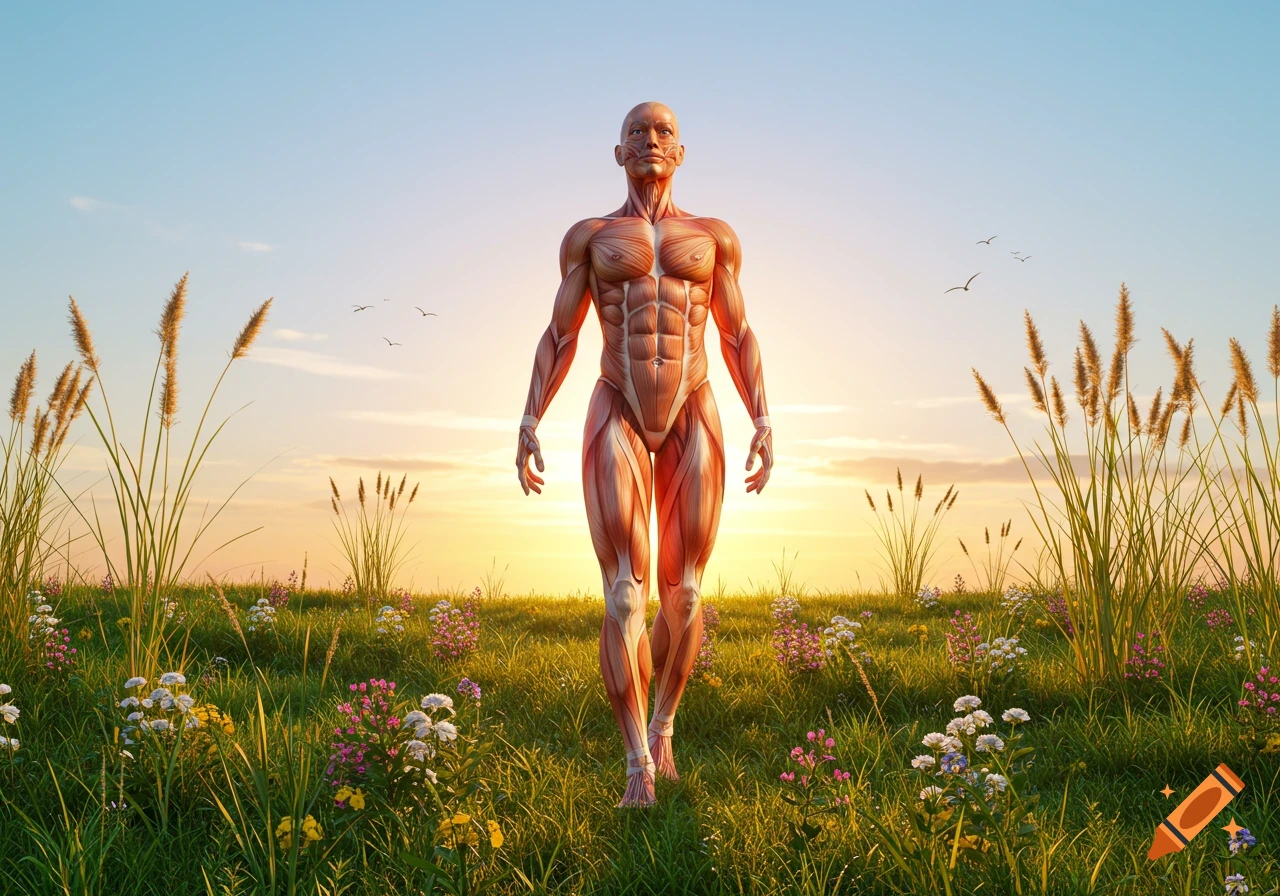 A detailed anatomical model of a human male stands in a vibrant green field with wildflowers, under a clear sky at sunset.