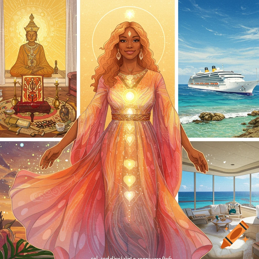 A vibrant collage illustration of a woman in an ethereal dress with glowing chakras, surrounded by panels depicting a Buddha shrine, a cruise ship, and a luxury room.