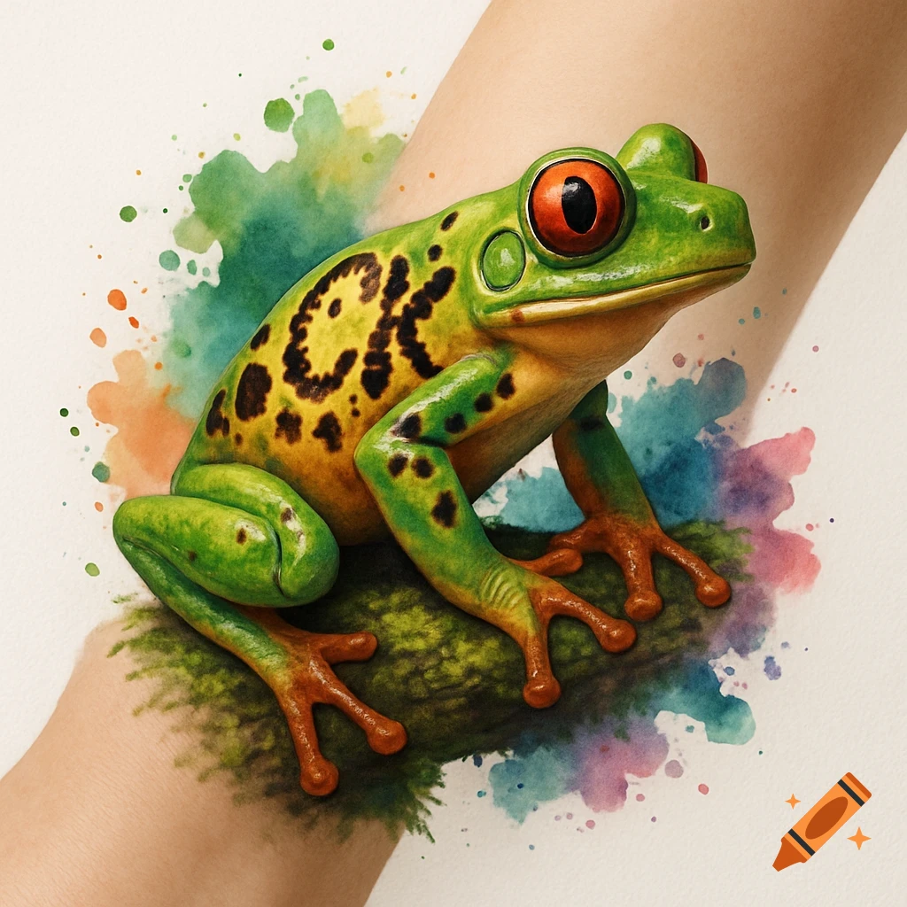 Hyper-realistic tree frog tattoo with green and yellow skin, red eyes, and orange feet, perched on a mossy log on an ankle, surrounded by watercolor splashes.