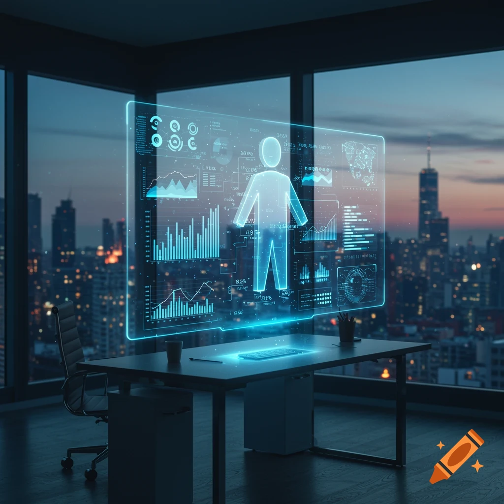 A futuristic office with a large glowing blue holographic display showing data visualizations and an outline of a person, set against a city skyline at dusk.