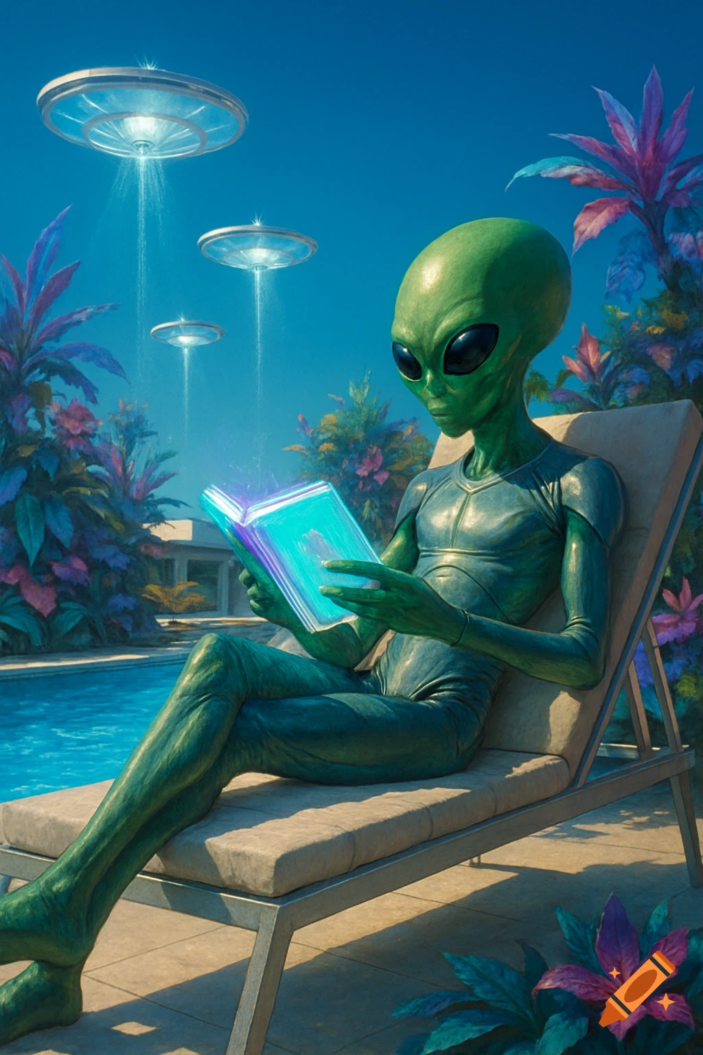 A green alien in a lounge chair by a pool reads a glowing book under UFOs in a vibrant, sunny setting.