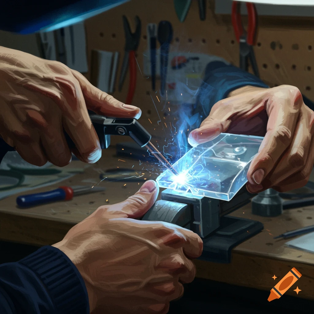 Close-up of hands welding transparent plastic pieces with a tool, generating bright blue sparks in a workshop setting.
