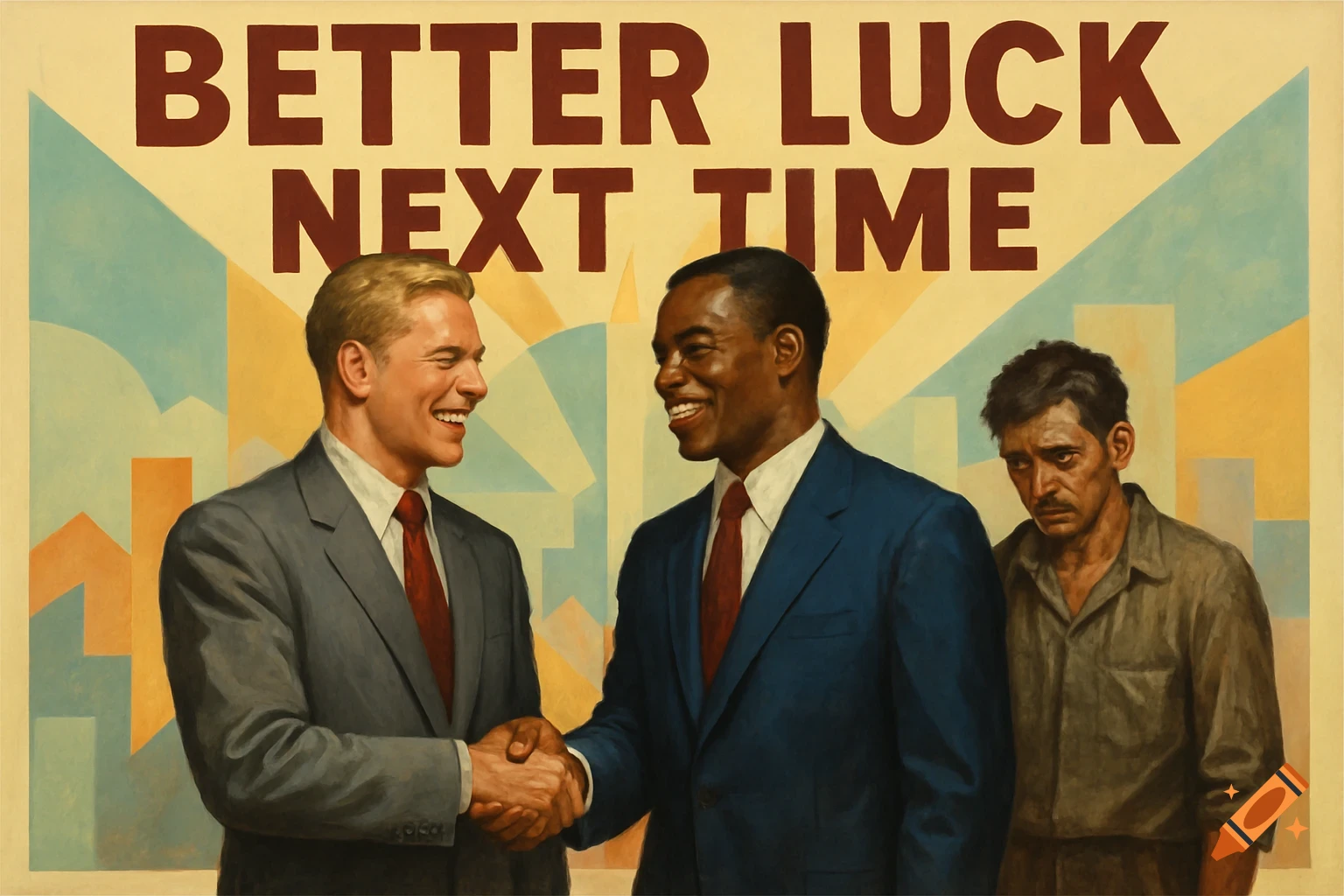 A 1960s style propaganda poster showing two smiling businessmen shaking hands, with a sad, poor man looking on. Text reads "Better luck next time".