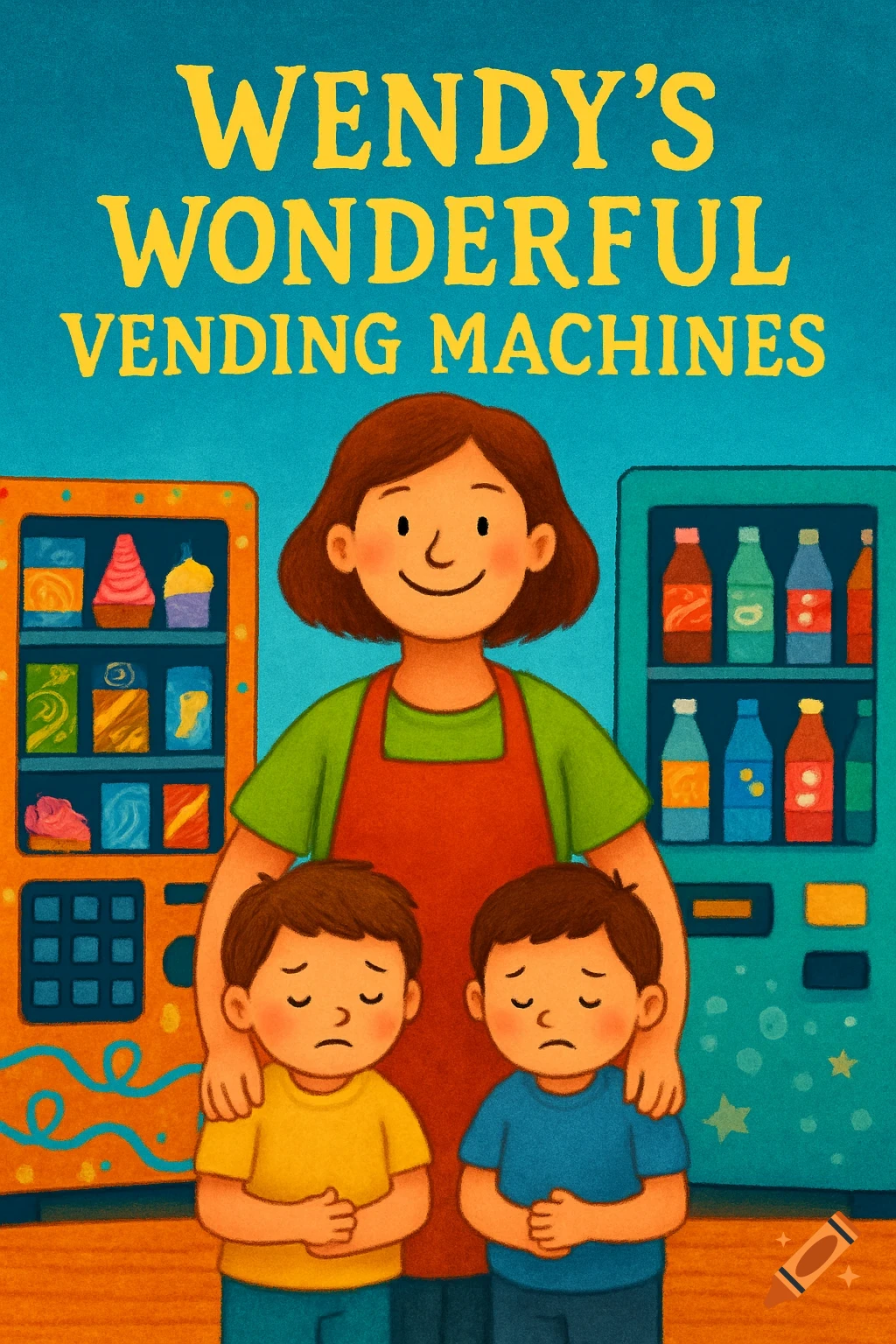 A cartoon illustration of a smiling woman in an apron with two frowning boys by her, standing in front of two vending machines.