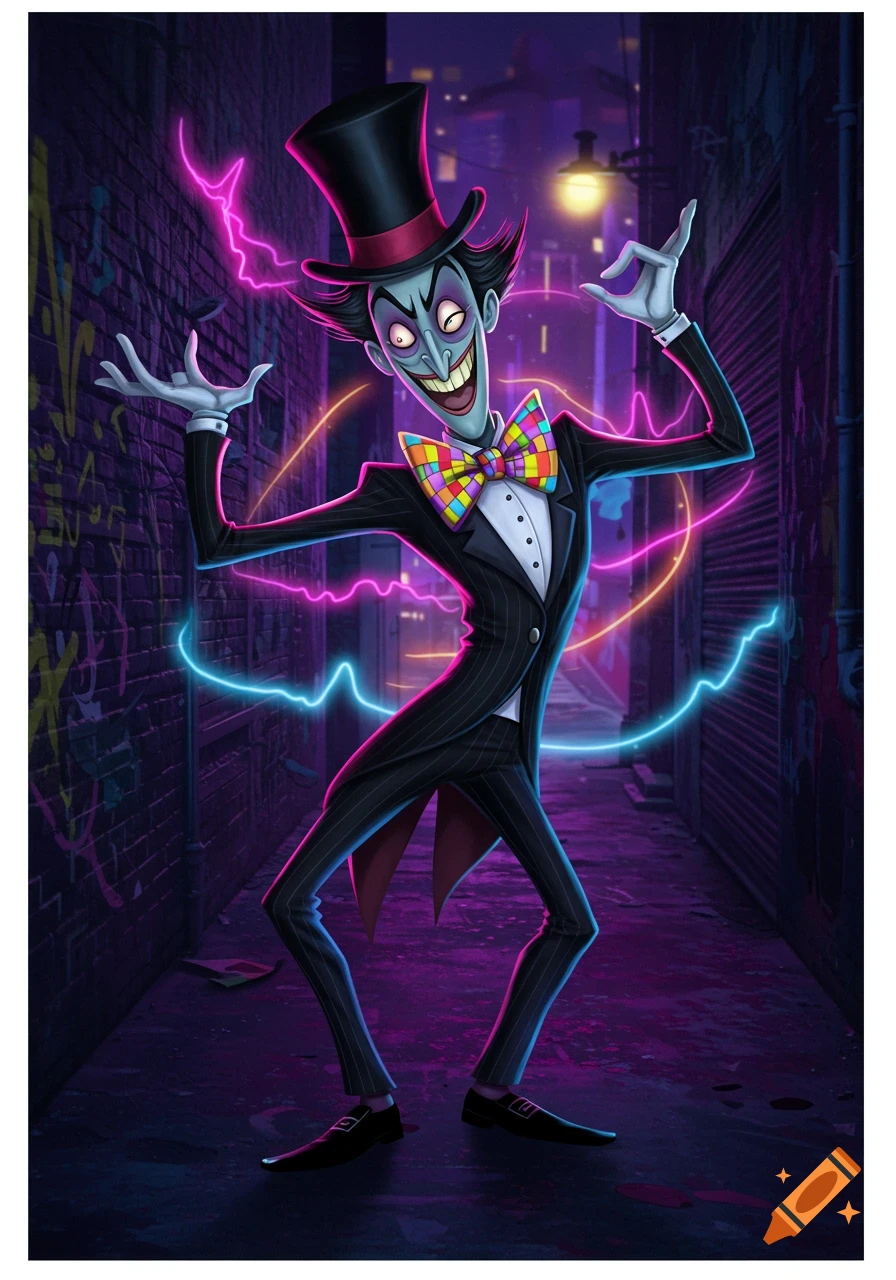 A cartoon villain in a top hat and pinstripe suit, with glowing eyes and a wide grin, stands in a dark alley with neon light trails.