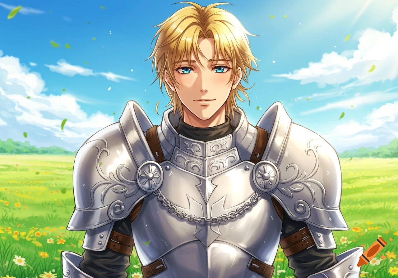 Anime-style blond male paladin in ornate silver armor, blushing, stands in a sunny green field under a blue sky.