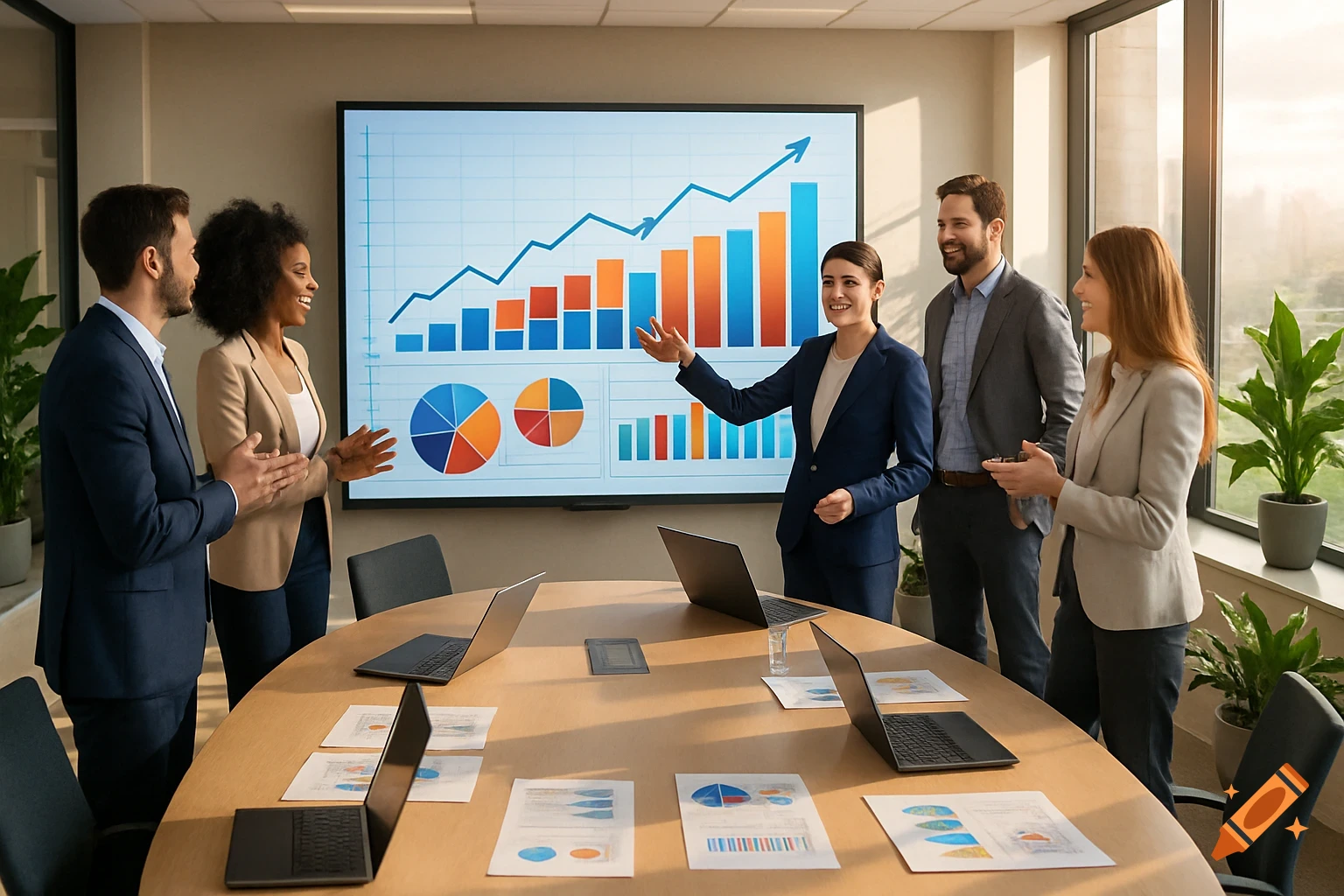 A diverse group of business professionals in a meeting room, a woman presents a growth chart on a large screen.