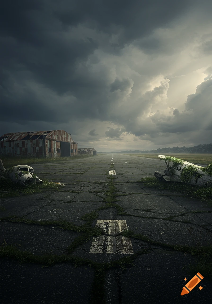 A desolate, abandoned airstrip under a stormy sky, featuring two decrepit airplane wrecks and rusted hangars.