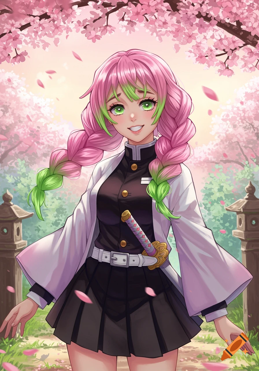 An anime girl with long pink and green braided hair smiles under cherry blossom trees, wearing a black uniform and white haori.