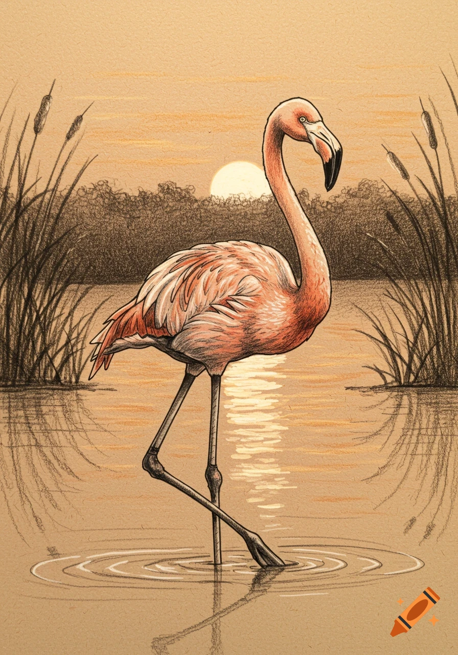A detailed sketch of a pink flamingo standing in water with reeds and a bright sunset in the background.