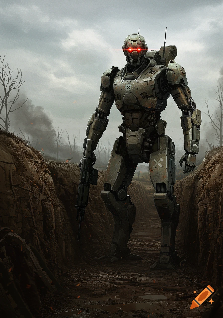 A grim-looking war robot with glowing red eyes stands in a muddy trench, holding a rifle, on a cloudy battlefield.