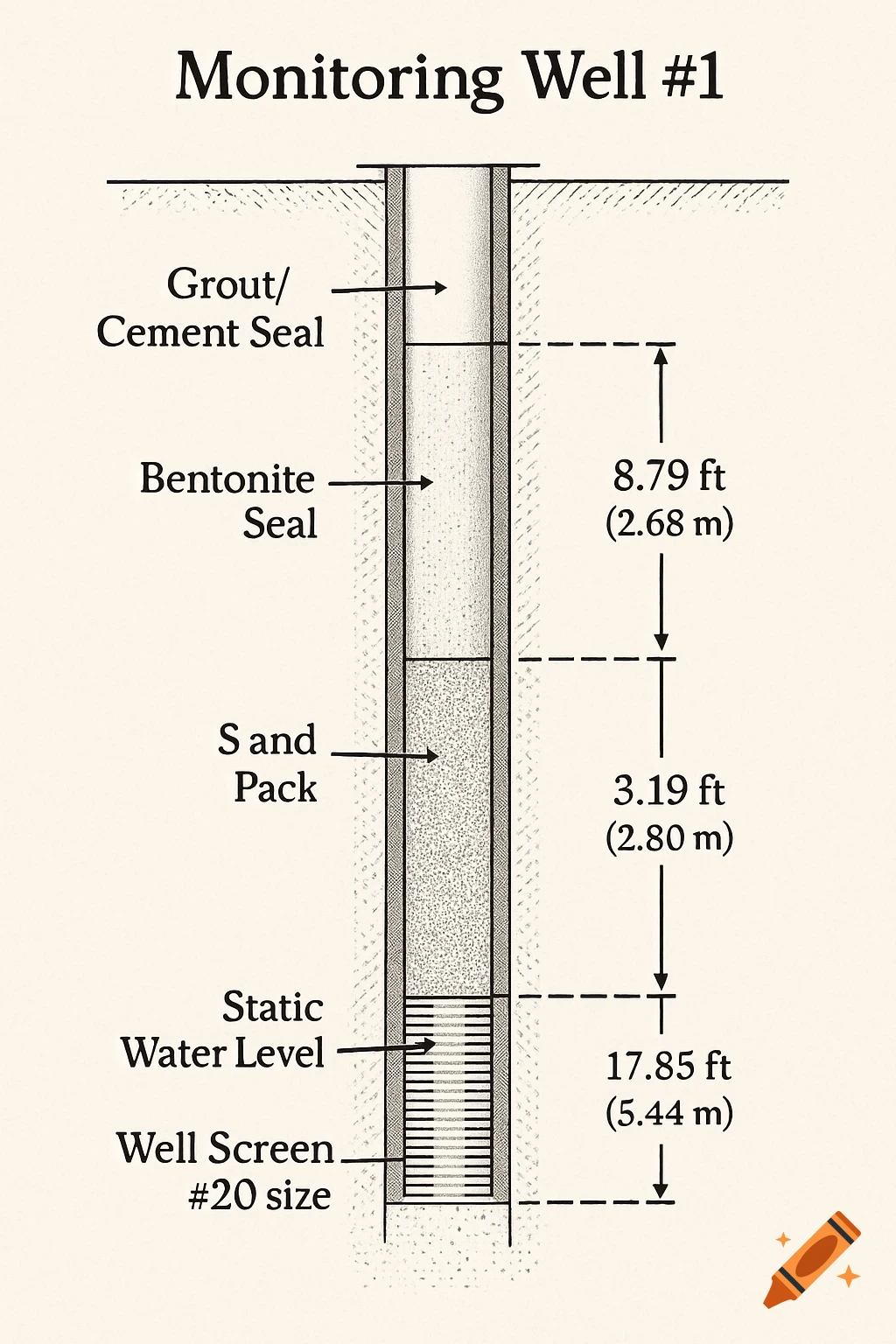 A detailed cross-section diagram of a groundwater monitoring well, showing layers of grout, bentonite, sand pack, and a well screen with measurements.