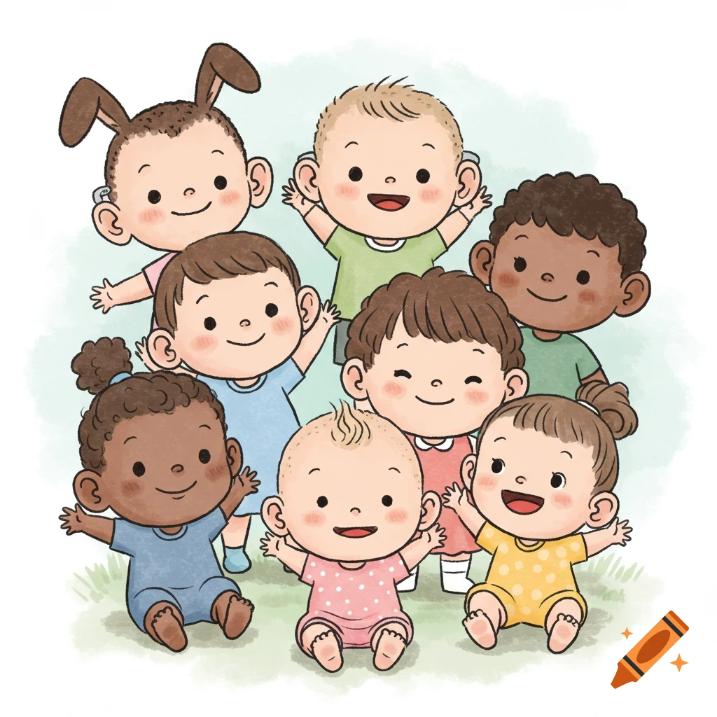 A group of diverse, smiling cartoon toddlers in children's book style, some with unique ear features.