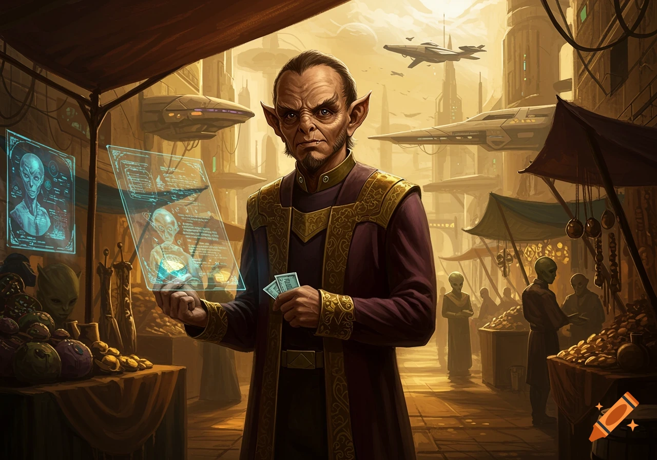 A Ferengi-like alien holds a holographic display with garbled text in a bustling futuristic market.