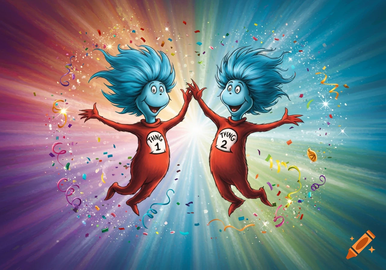 Thing 1 and Thing 2 with blue spiky hair and red suits, celebrating amidst colorful confetti against a vibrant rainbow background.