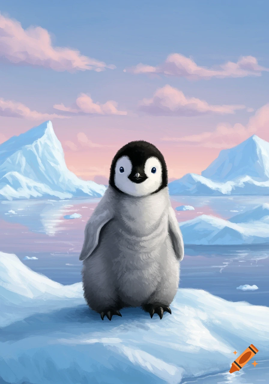 A cute, fluffy baby penguin stands on ice with distant icebergs and a pink-hued sky in an illustration.