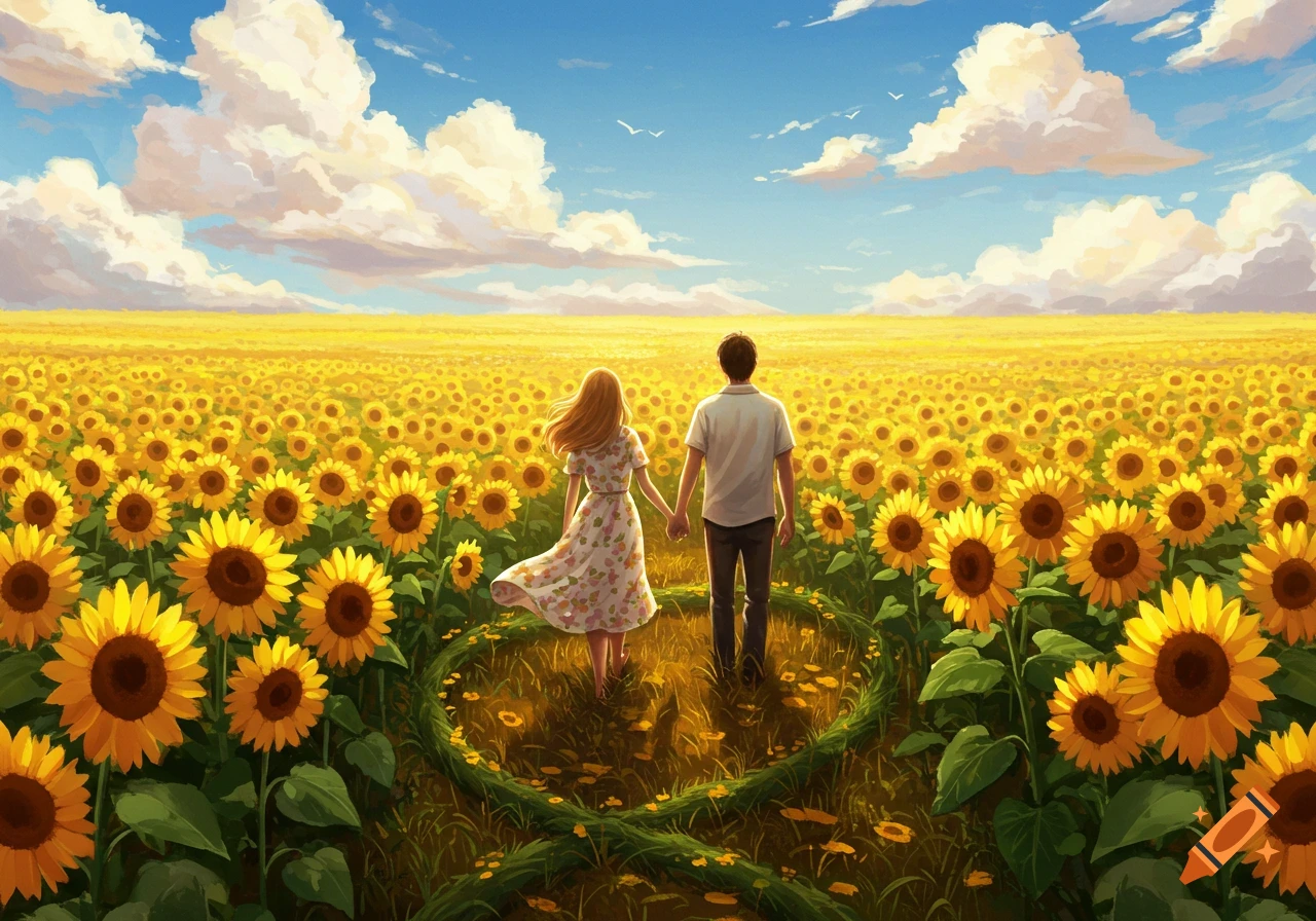 A man and woman walk hand-in-hand through a vibrant field of sunflowers under a bright blue sky.