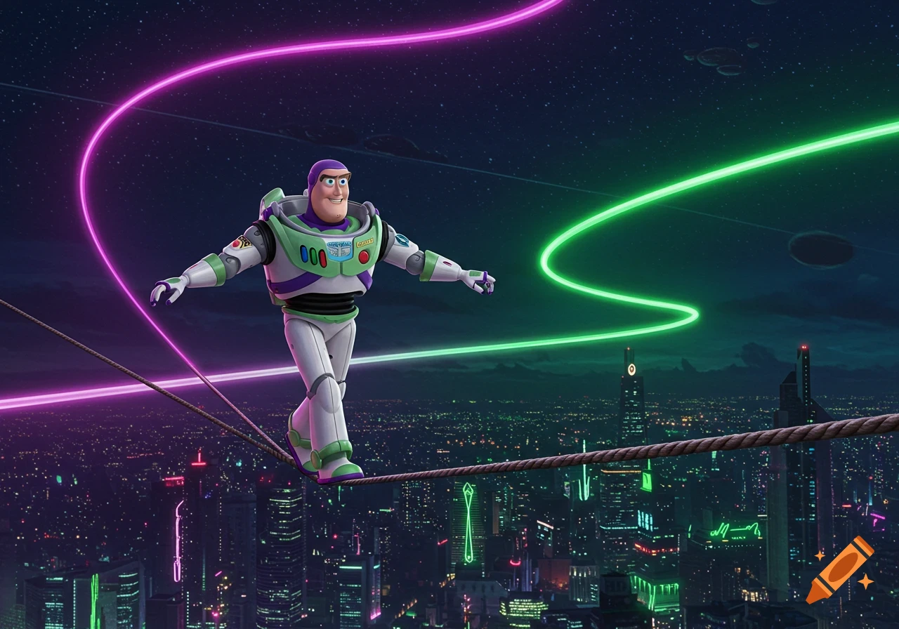 Buzz Lightyear walks a tightrope high above a futuristic neon-lit city at night, with glowing pink and green energy trails.