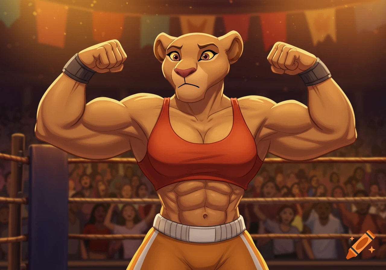 An anthropomorphic lioness in a red sports bra and orange shorts flexes her biceps in a boxing ring with an audience, in 2D Disney animation style.