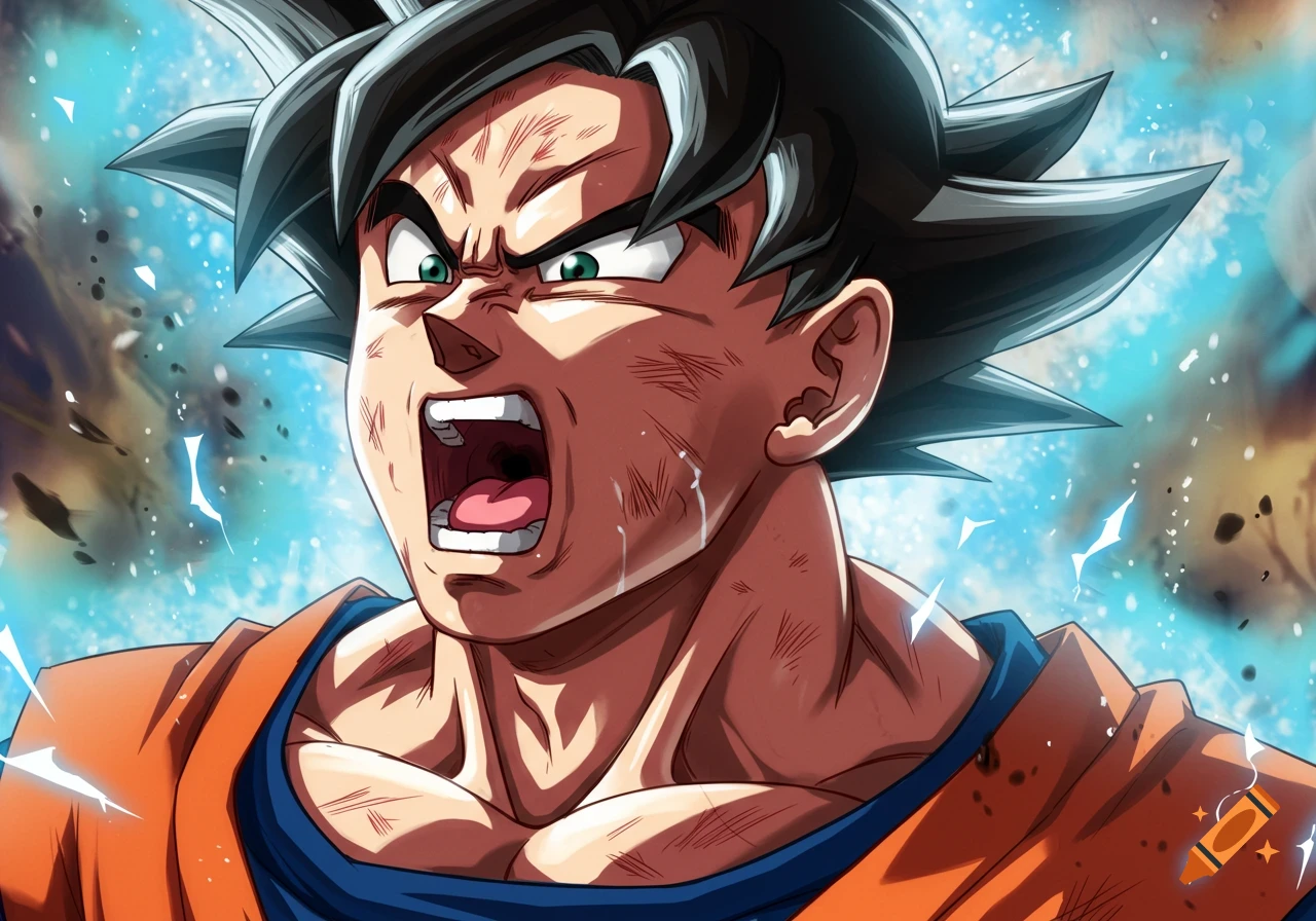 Close-up of Goku from Dragon Ball Z screaming with an intense expression, in a dynamic anime style.