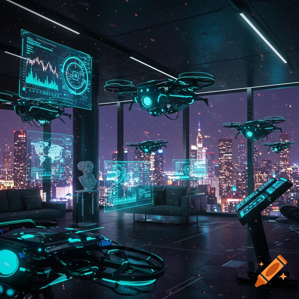 A futuristic room overlooking a night cityscape, with glowing drones, holographic data displays, and high-tech furniture.
